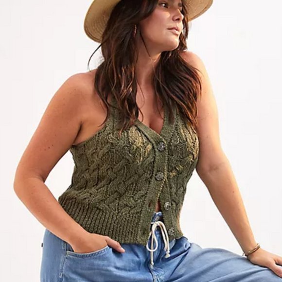 Pilcro Anthroplogie XL NWT Cable Knit Sweater Tank Vest Top Moss Green - Picture 5 of 6